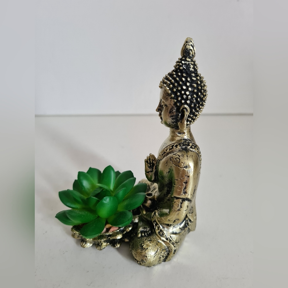Gold Buddha ornament with succulent figurine distressed home decor New - Picture 4 of 4